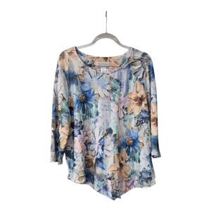Alfred Dunner NWT Womens PXL Top Asymmetrical Hem Blue Floral Stretch Rhinestone